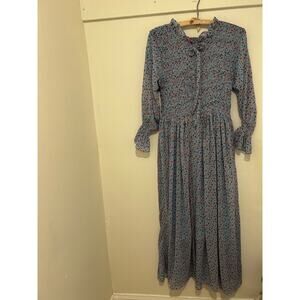 Petrol Clothing‎ Blue Floral Smocked Ruffle Sleeve Midi Dress Cottagecore Sz L